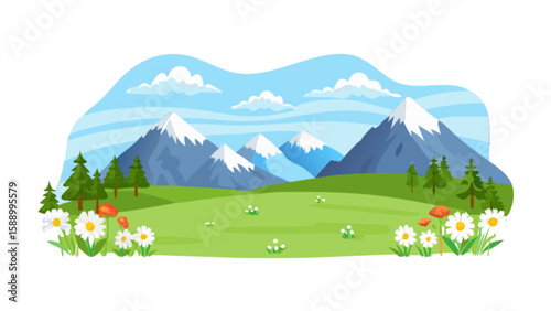 Mountain landscape vector illustration with meadow, flowers, trees and cloudscape scenic nature background