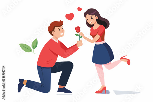 A lover is proposing to his girlfriend on one knee with a red rose.