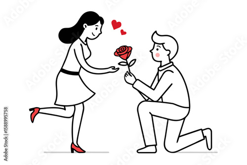 A lover is proposing to his girlfriend on one knee with a red rose.