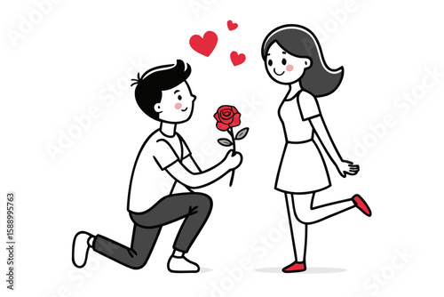 A lover is proposing to his girlfriend on one knee with a red rose.