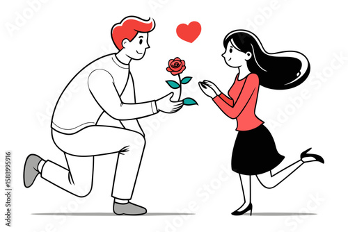 A lover is proposing to his girlfriend on one knee with a red rose.