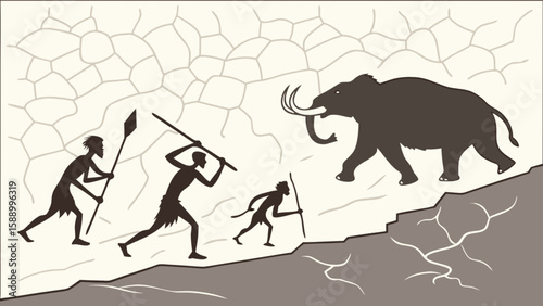 Cave painting of mammoth hunt by early humans with spears prehistoric art neanderthal illustration