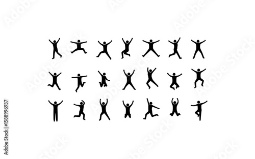 Twentyfour stick figures energetically jumping with joy, ideal for designs that promote happiness, teamwork, and celebration in diverse groups.