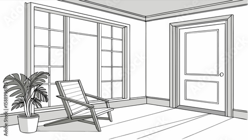 Interior design sketch of room with chair plant window and door for architectural visualization
