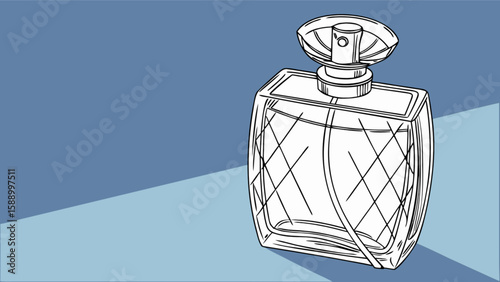 Perfume bottle illustration for fragrance advertising and beauty product promotion in blue and white style