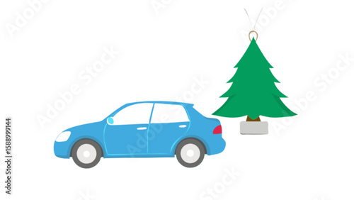 Blue car with christmas tree ornament for holiday season and new year transportation and festive celebration