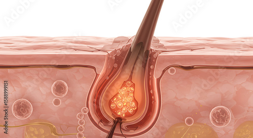 3D illustration of human hair follicle structure within skin, showcasing biological growth process