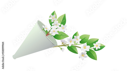 White jasmine flowers in a paper cone bouquet for spring floral design and romantic wedding decoration ideas
