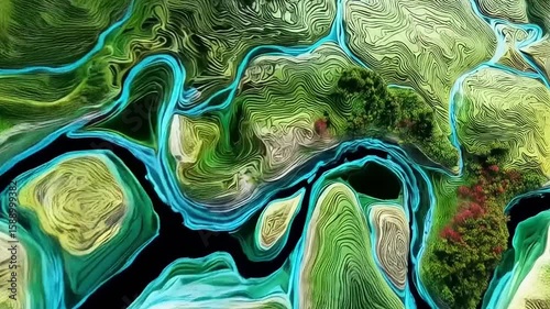 Abstract Aerial View of River System & Lush Green Landscape