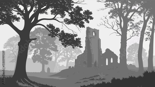 Monochrome landscape of old church ruins in misty forest with trees and nature scenery drawing art