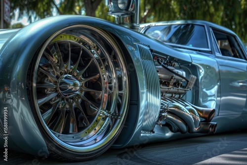 Gleaming customized classic car boasting a prominent chrome wheel and exposed engine, parked at a car show