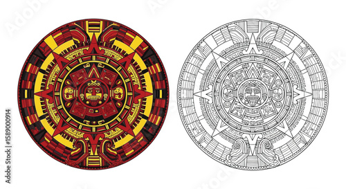 Aztec Calendar Inspired Mandala Coloring Page Featuring Bold Colored and Outline Design Versions