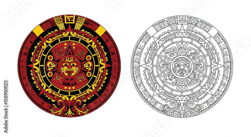 Historical Aztec Calendar Inspired Mandala Coloring Page in Full Color and Detailed Line Art