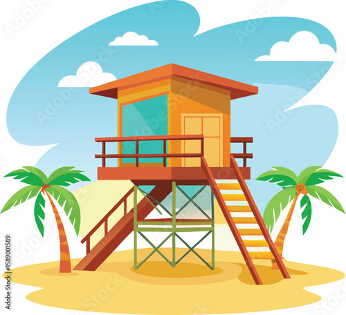 flat minimal vector lifeguard tower on quiet tropical beach