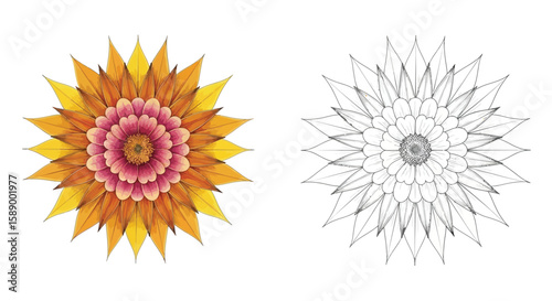 Center Bloom Mandala Coloring Page Featuring Realistic Petals and Clear Outline Versions