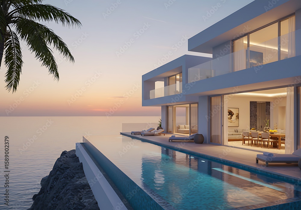 Fototapeta premium A luxurious villa with an infinity pool overlooks the ocean at sunset