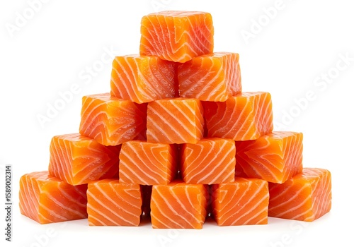 Fresh raw salmon cubes stacked in a pyramid shape isolated on white background