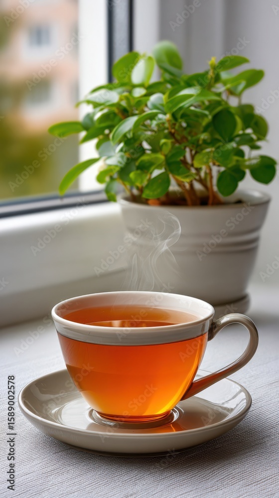 Warm tea by the window with a houseplant Warm tea by the window with a houseplant
