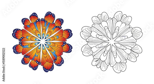 Circular Butterfly Mandala Coloring Page Featuring Vibrant Colored and Delicate Line Art Styles