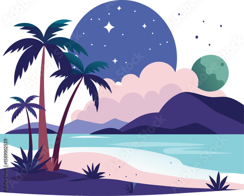 flat minimal vector tropical beach at night under stars,