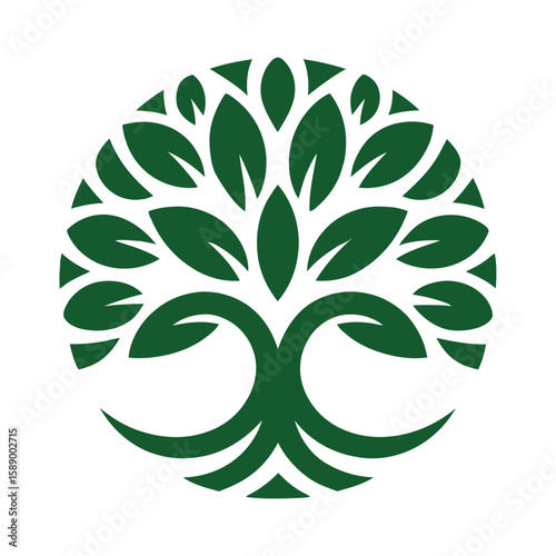 Green tree illustration forming a circle symbolizes growth, nature, and environmental consciousness, promoting sustainability