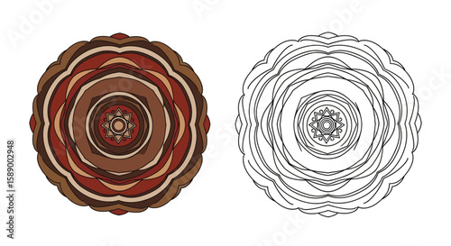 Circular Tribal Mandala Coloring Page Featuring Artistic Colored and Line Art Design Styles
