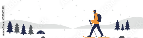 Winter Snowshoeing: Serene Minimalist Illustration