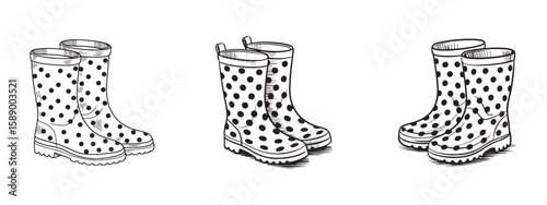 Black and white polka dot rain boots illustration with wavy design patterns. Hand drawn vector illustration