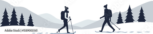 Winter hikers minimalist snowy landscape