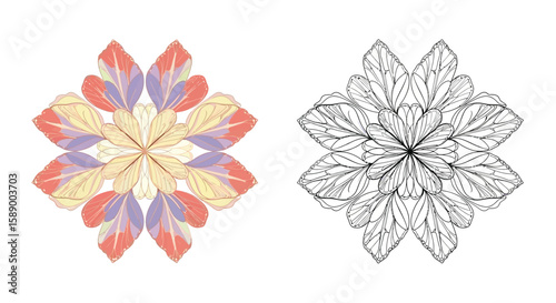 Delicate Butterfly Mandala Coloring Page Featuring Vibrant Colored and Outline Style Art