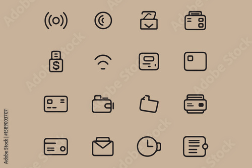 A collection of minimalist black outline icons representing financial transactions and digital services on a neutral background