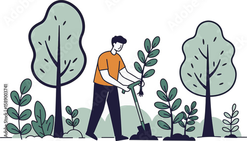Man Planting Sapling, Green Nature Scene