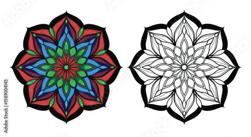 Intricate Diamond Symmetry Mandala Coloring Page in Full Color and Clean Line Art Design