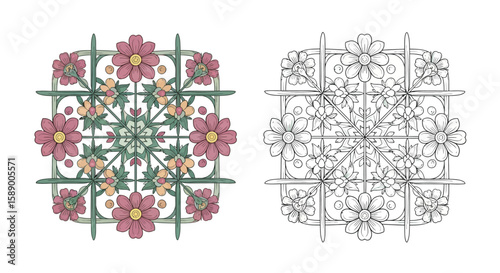 Floral Grid Mandala Coloring Page Showcasing Vivid Colored and Intricate Outline Shapes