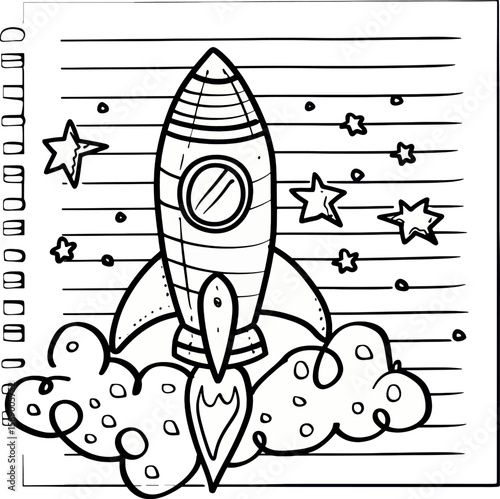 Cartoon drawing of a rocket launching into space, set against a lined notebook page. The rocket surrounded by stars and clouds in a hand drawn style. Ideal for children's designs.