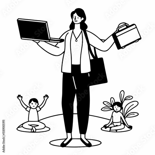 Clean line art of a person balancing work (laptop, briefcase) and personal life (yoga, family), black and white minimal outlines
