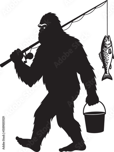 Bigfoot Sasquatch fishing with rod bucket fish silhouette vector illustration