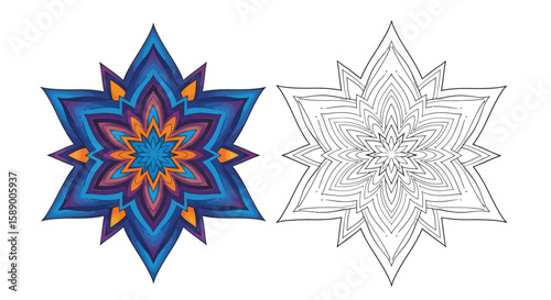 Intricate Geometric Star Mandala Coloring Page in Full Color and Clean Line Art Design