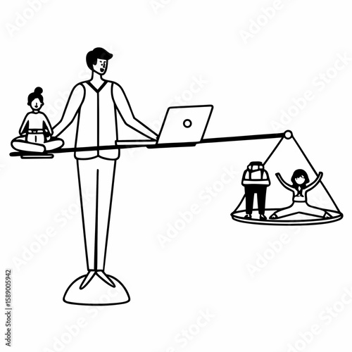 Clean line art of a person balancing work (laptop, briefcase) and personal life (yoga, family), black and white minimal outlines