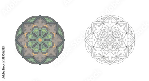Japanese Zen Mandala Coloring Page Showcasing Artistic Colored and Outline Shapes for Meditation