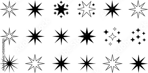 Black and white starburst shapes and sparkling star icons sparkle shine