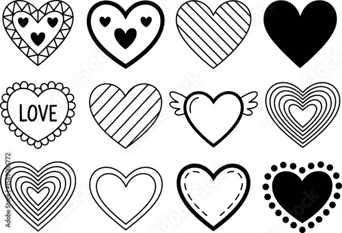 Black and white heart shapes with various decorative elements love symbol