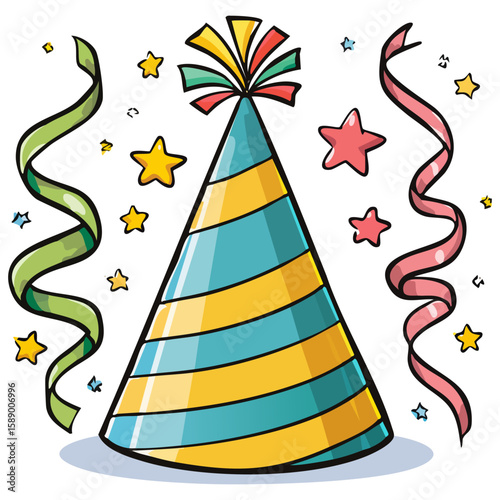 Party hat and streamers clipart illustration