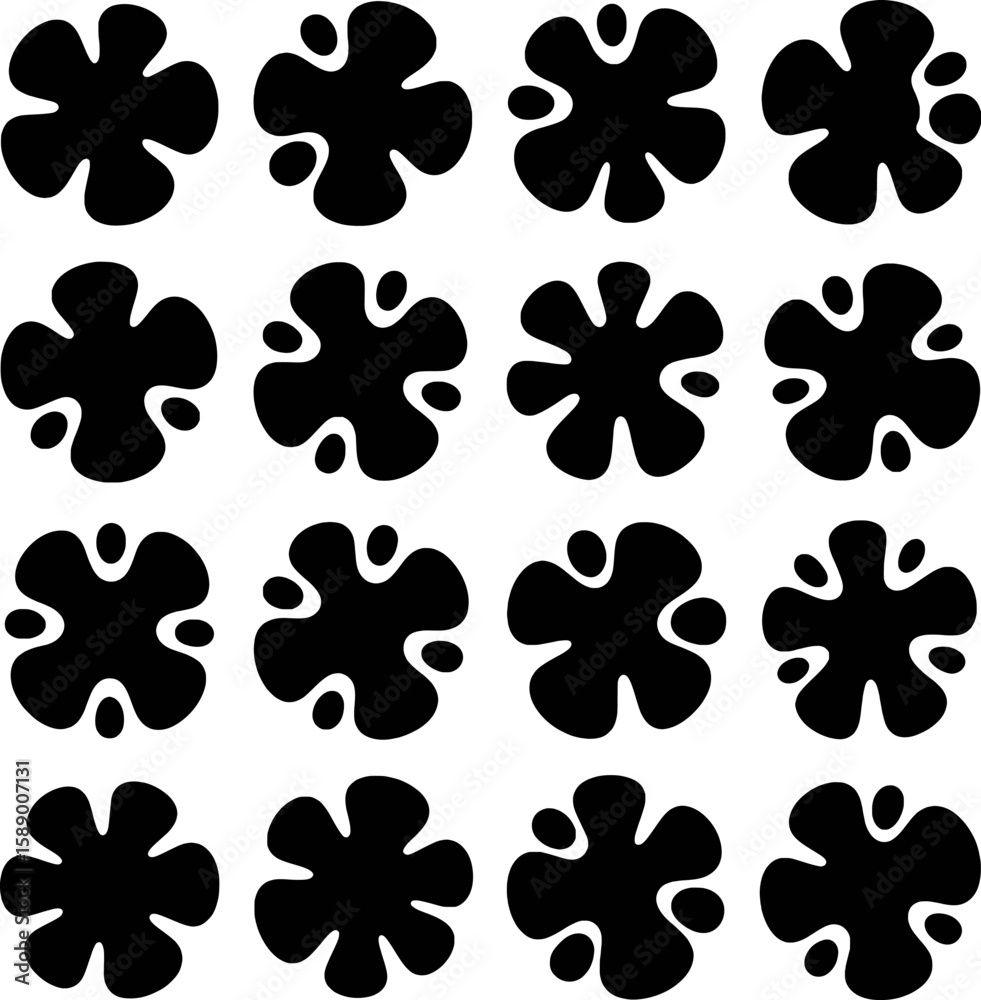 Fototapeta premium Black blob shapes with rounded petals and small dots white organic