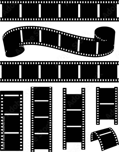 Black film strips and reels in various orientations movie cinema