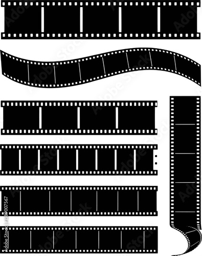 Black film strips with perforations in various arrangements reel movie
