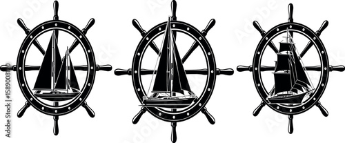 Engraving sailboat logo set