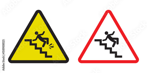 Set of warning falling off the stairs sign on white background. slippery or wet stairs warning icons or triangle pictograms.