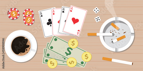 Offline casino, gambling, poker. Wooden table top view. Cigarettes, ashtray with butts, coffee cup, playing cards, money and chips on the table. Night life. Bad habits.