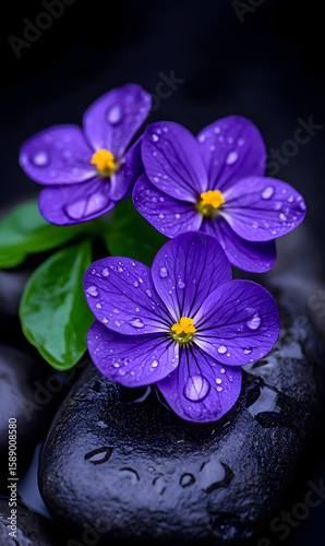 Purple Flowers with Dew Drops on Dark Stone Background